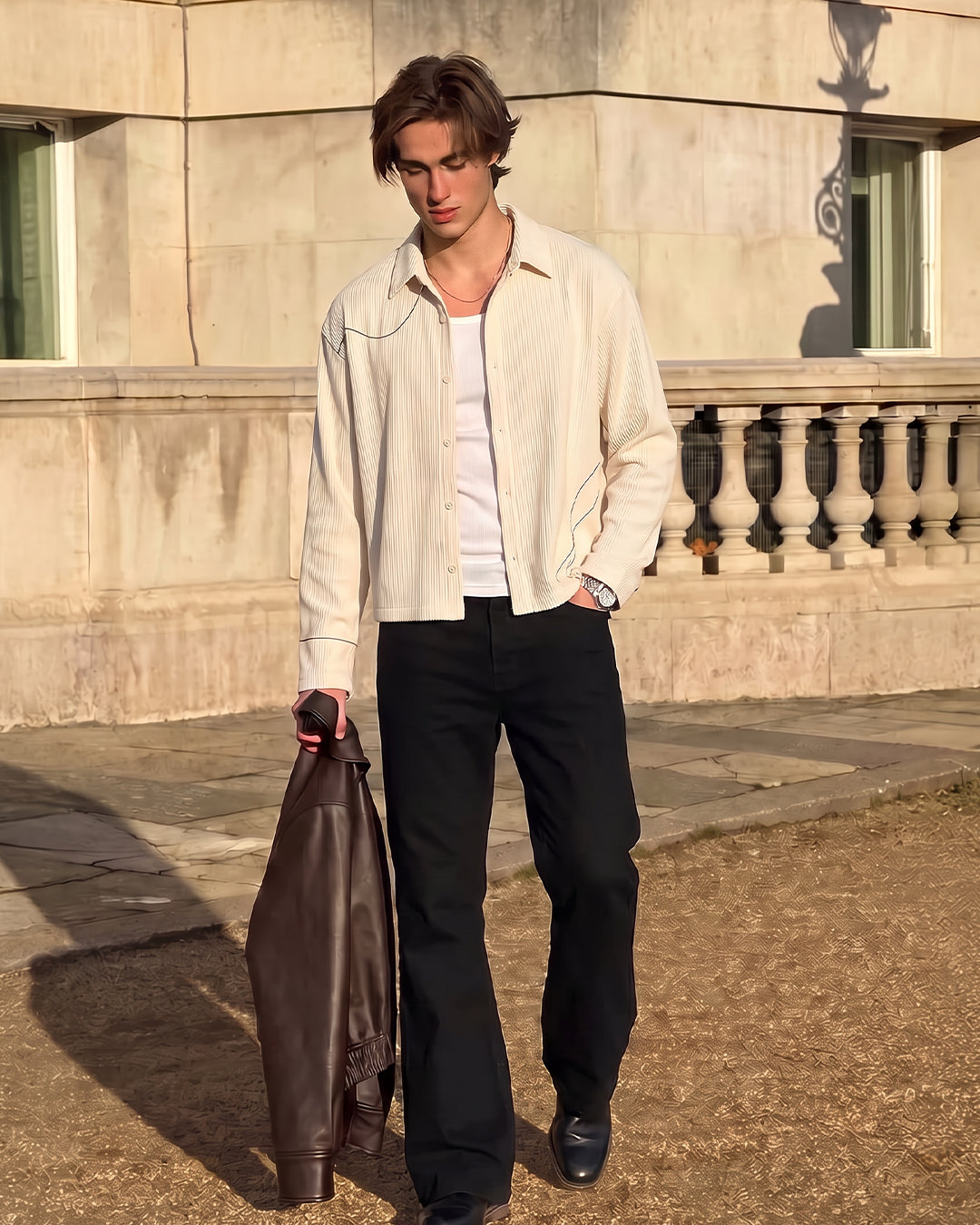 Abstract Off White Ribbed Shirt