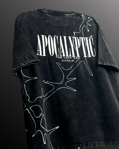 Apocalyptic Black Printed Acid Wash T-Shirt