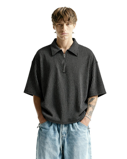 Black Wave Polo T-Shirt with Zip