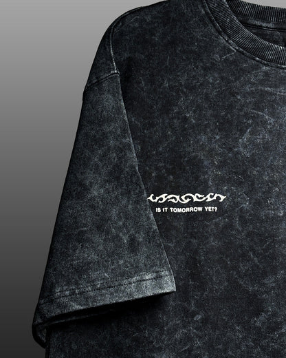 Dark Night Black Acid Wash Printed T-Shirt