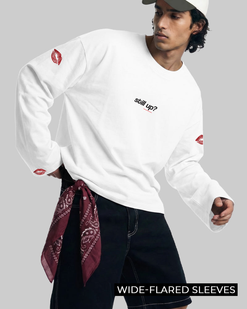 Still Up Full Sleeves Boxy-Fit White T-shirt